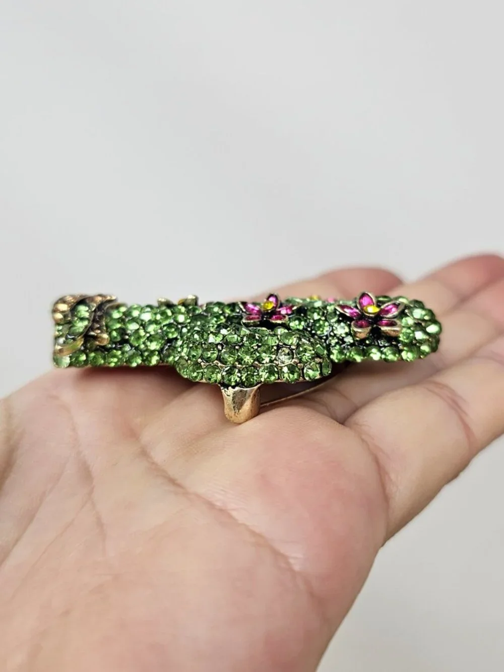 Sparkling Green Cactus & Pink Flower Rhinestone Brooch Pin Gold Toned